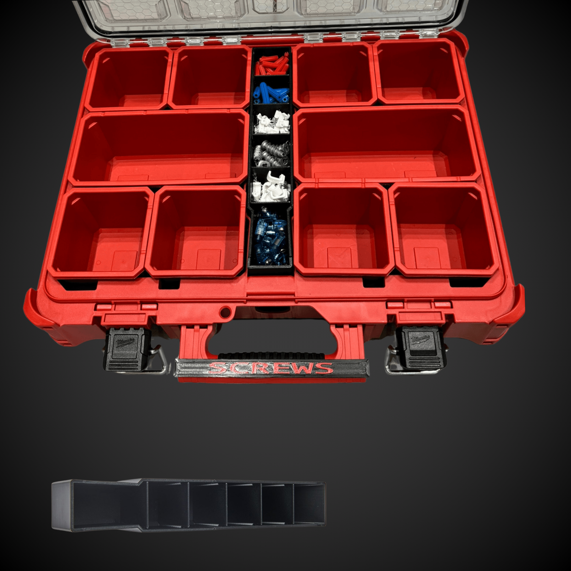 Red Milwaukee tool organizer with Centre Divider Pack (Standard Full Width Packout)on a black background