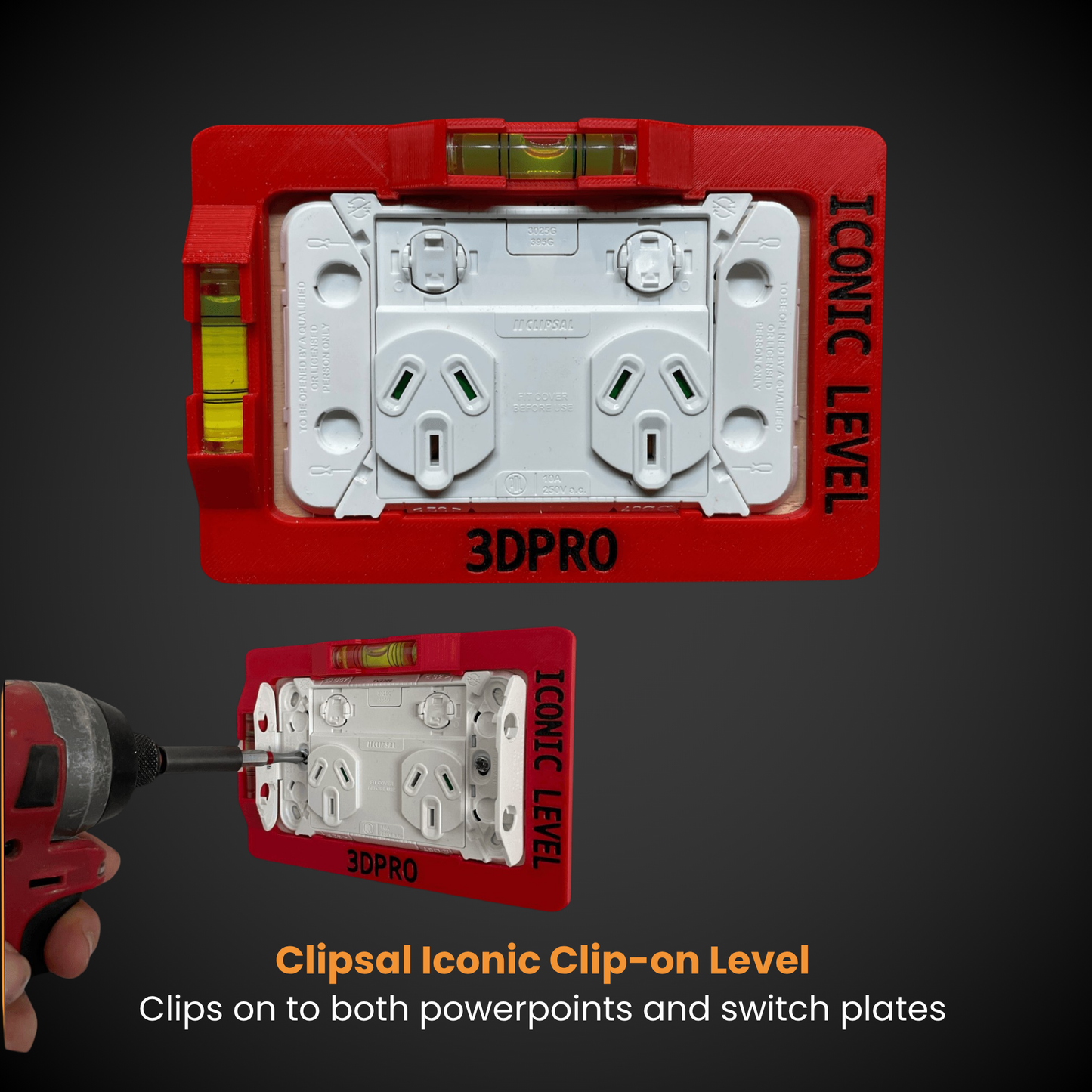 Clipsal Iconic Clip On Level - clips on both powerpoints and switch plates