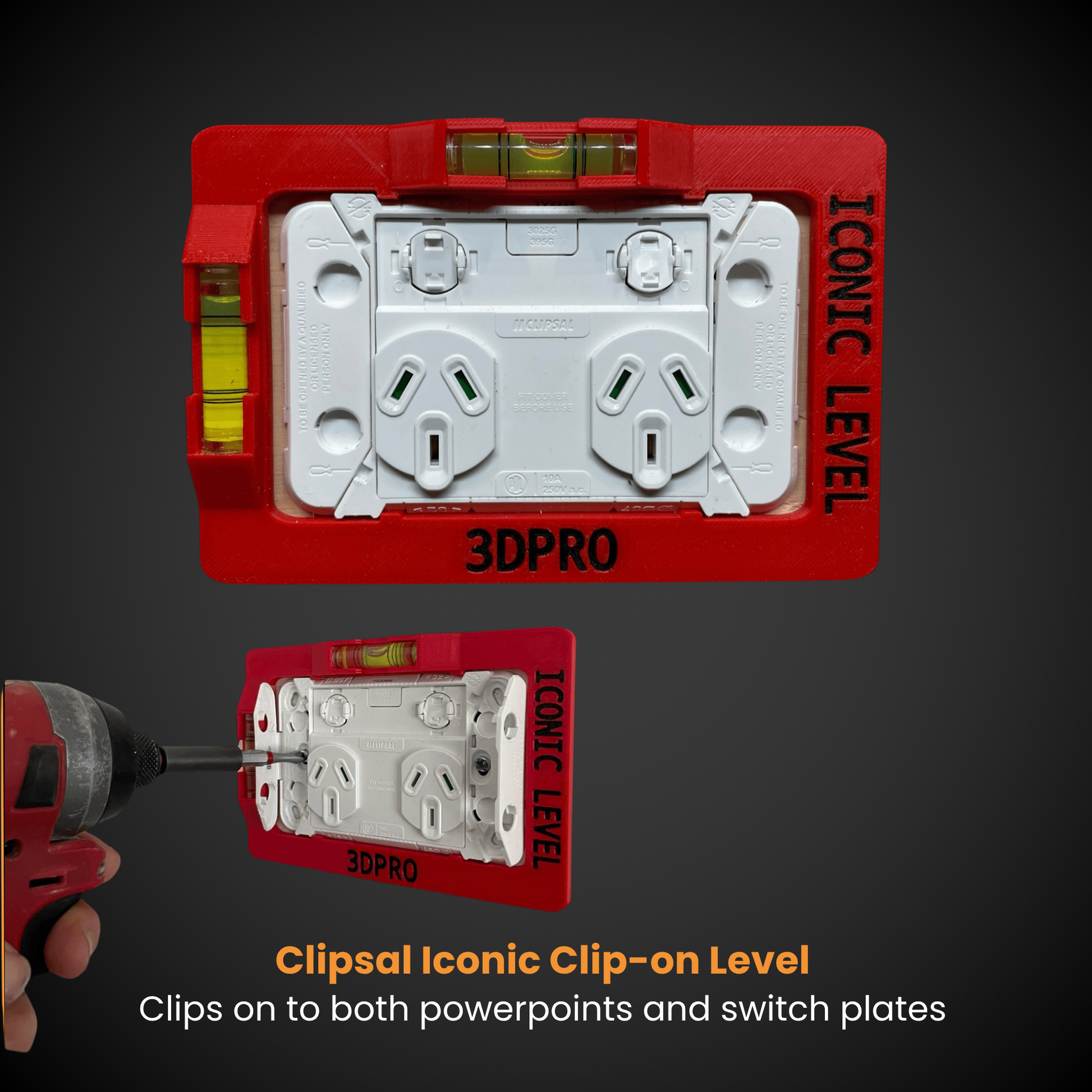 Clipsal Iconic Clip On Level - clips on both powerpoints and switch plates