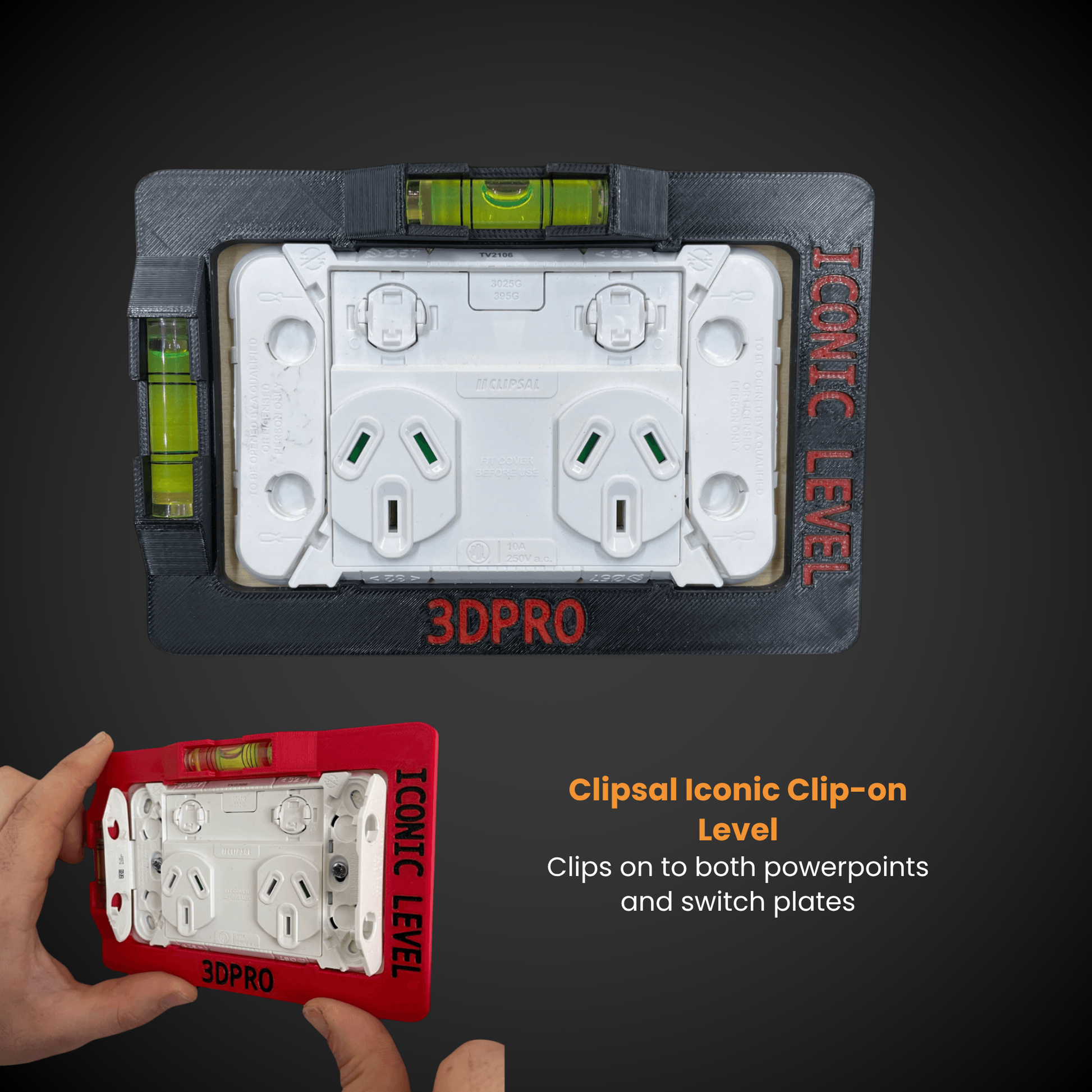 Clipsal Iconic Clip On Level - clips on both powerpoints and switch plates