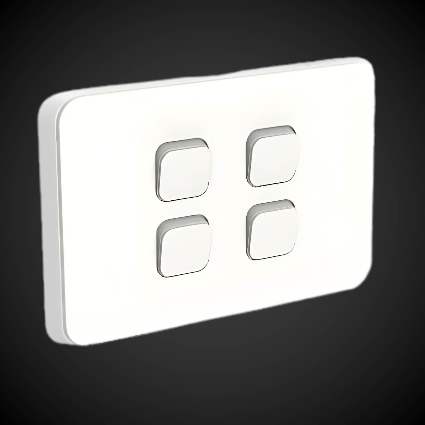 White rectangular light switch with four square buttons on a black background