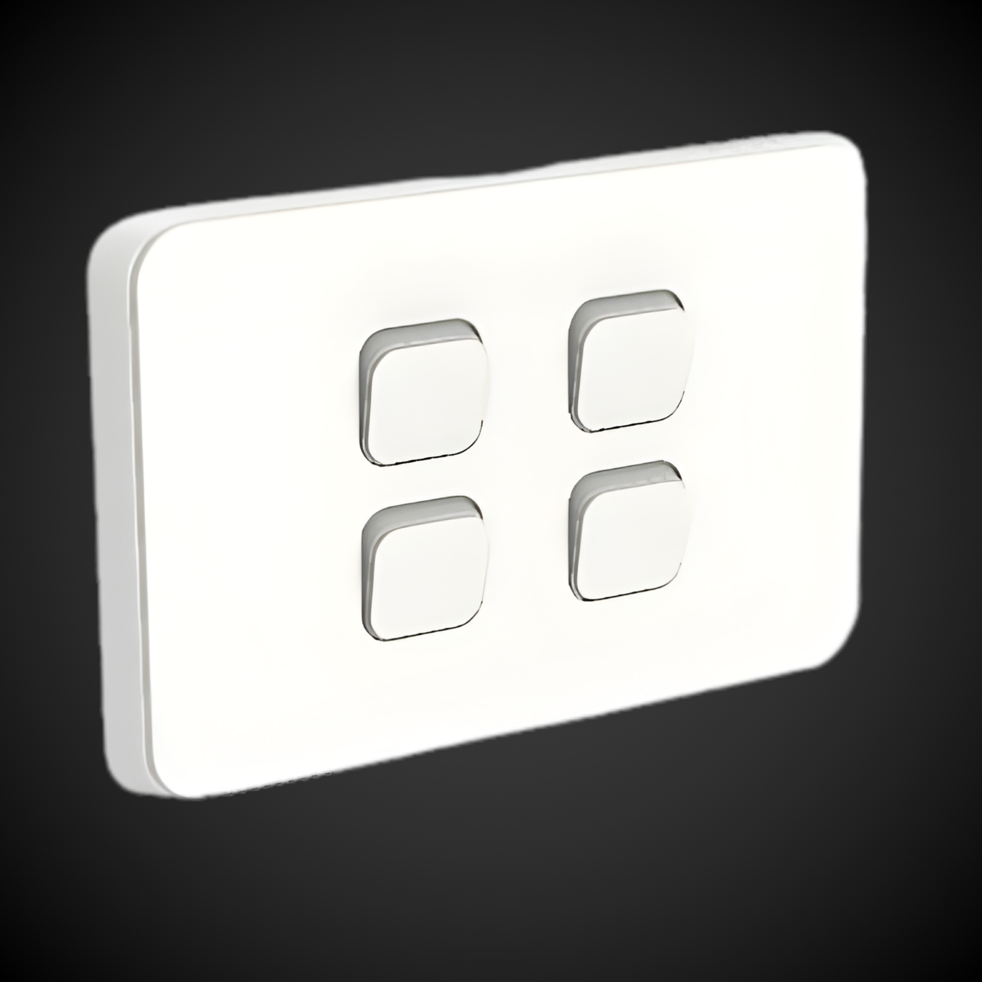 White rectangular light switch with four square buttons on a black background
