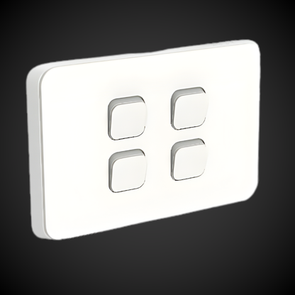 White rectangular light switch with four square buttons on a black background