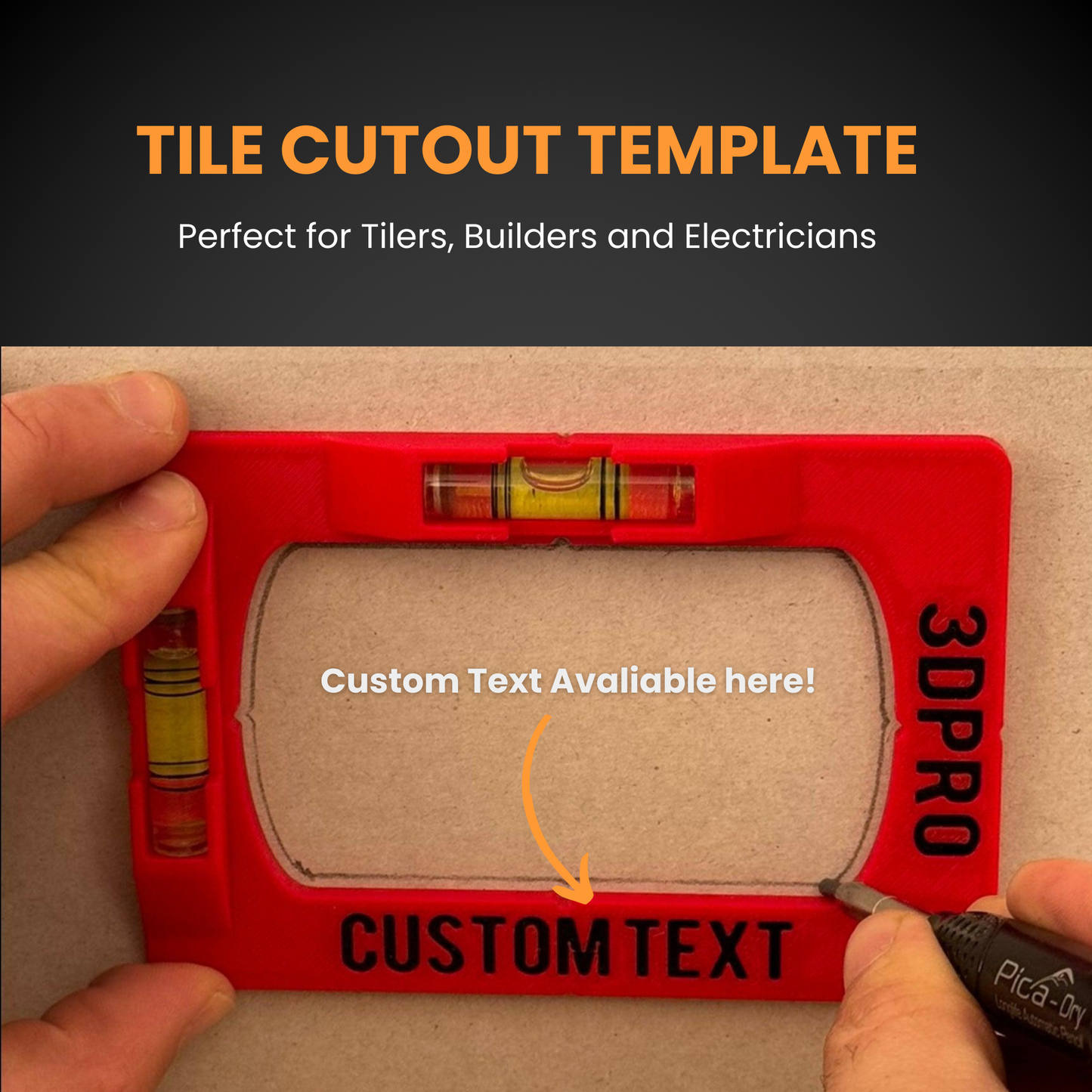 Tile cutout template with red border and '3DPRO' branding, held by hands.