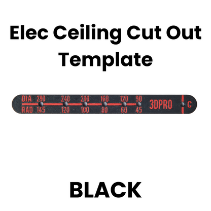 Black ceiling cut out template with red text on a white background
