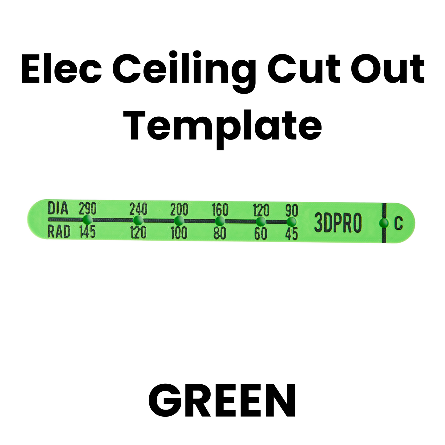 Green electric ceiling cut out template with measurements on a white background