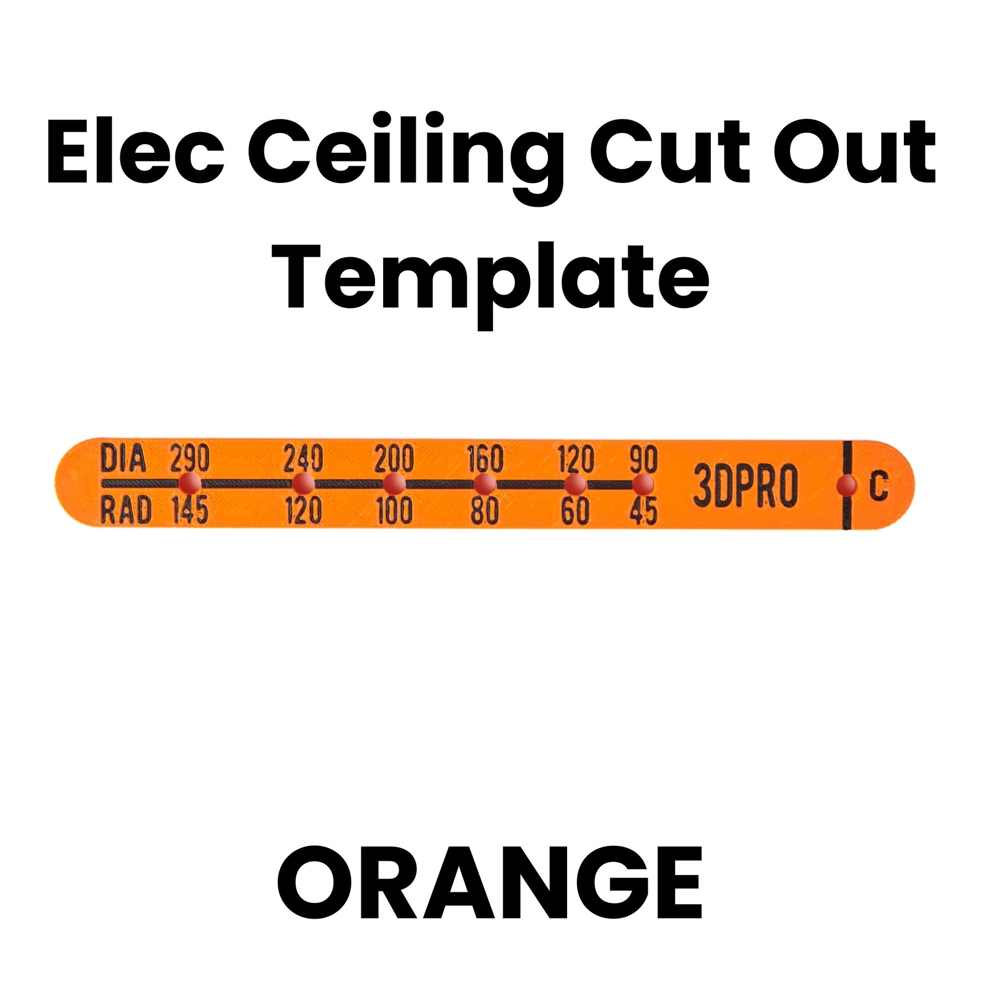 Orange ceiling cut out template with measurements and '3DPRO' branding on a white background.