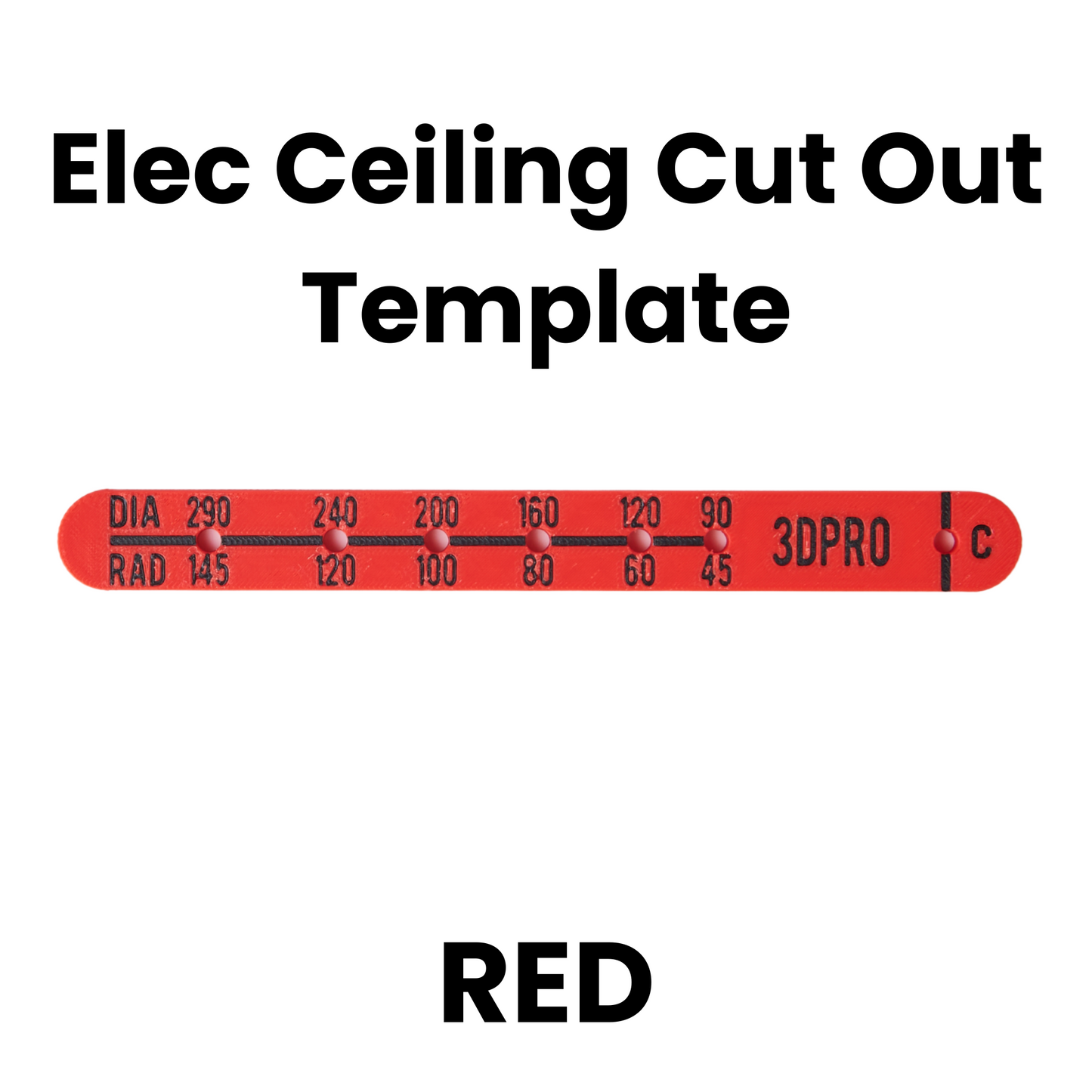 Red ceiling cutout template with measurement scale and '3DPRO' branding on a white background.