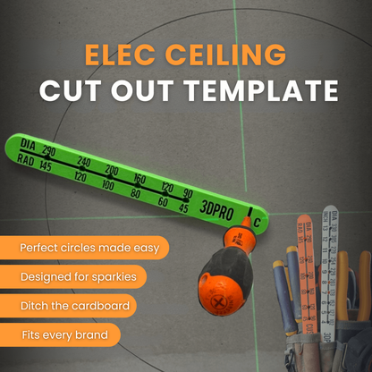 Elec ceiling cut out template with tools on a gray background
