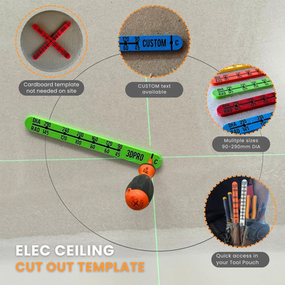 Elec ceiling cut out template with various features highlighted on a gray background