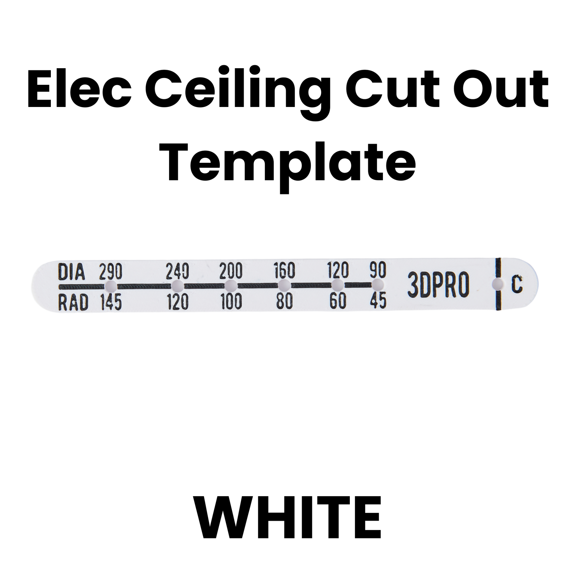 White ceiling cutout template with measurement markings and '3DPRO' branding on a white background.