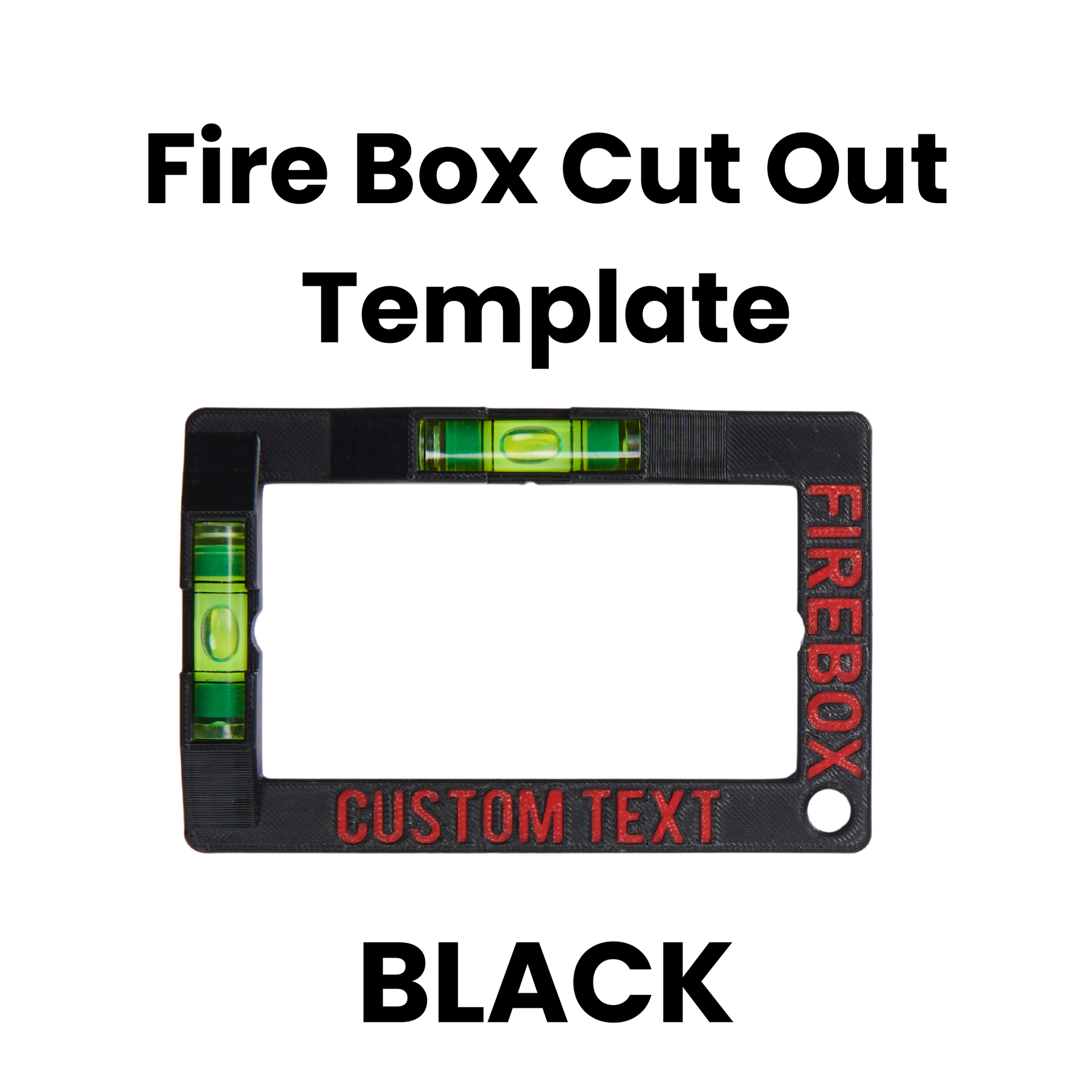 Black fire box cut out template with customizable text on a white background