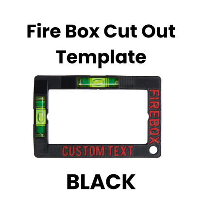 Black fire box cut out template with customizable text on a white background