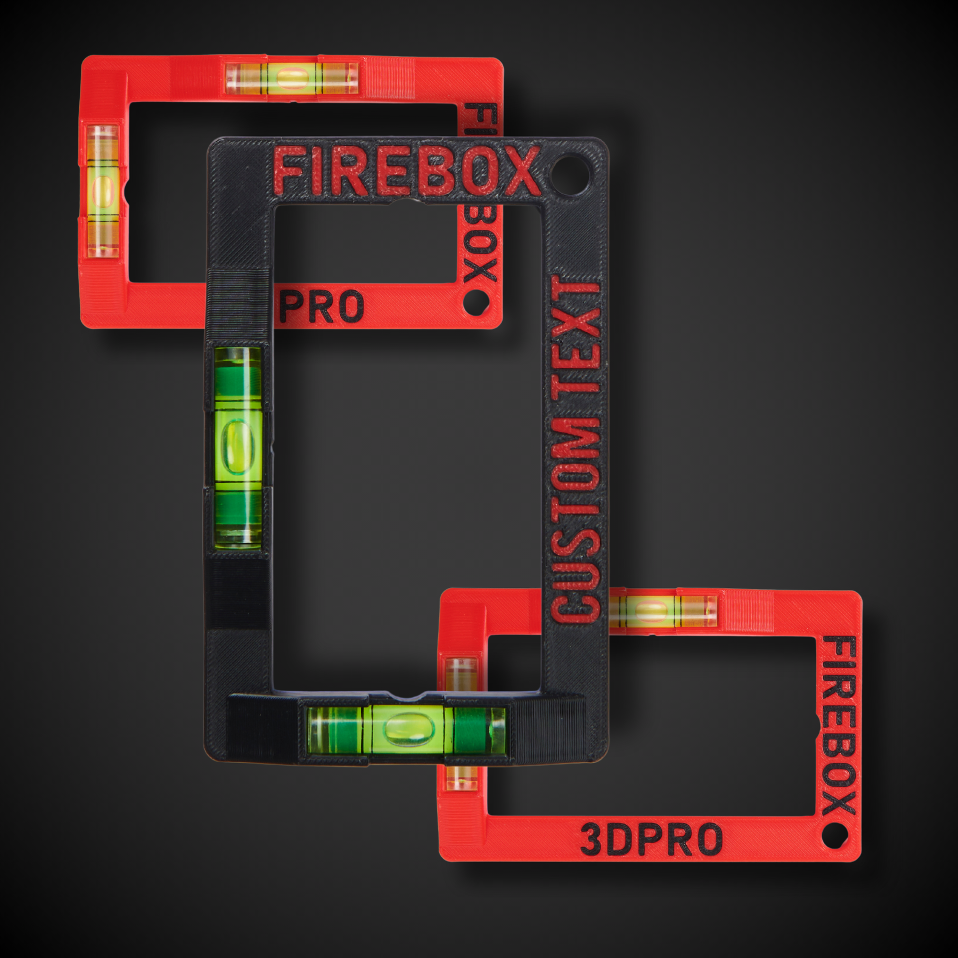 Three red and black level tools with 'Firebox' branding on a dark background