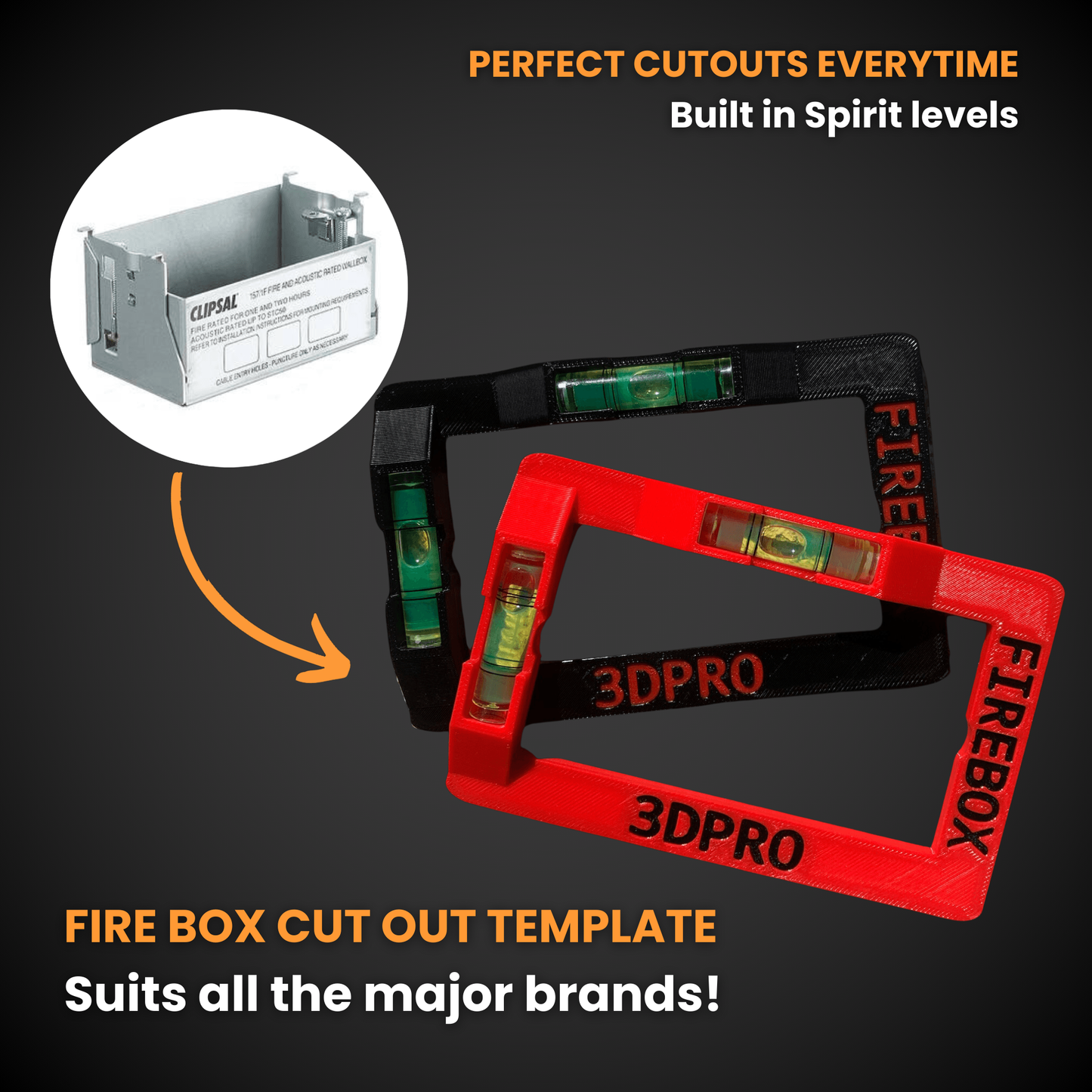 Fire box cut out template with 3DPro branding on a dark background. Suits all major brands. 