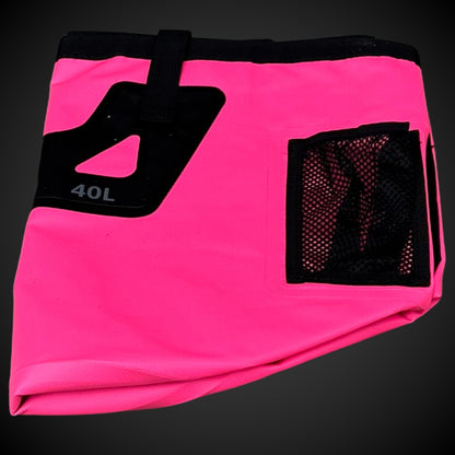 Folded Limited Edition Pink Bucket mesh pocket on a black background