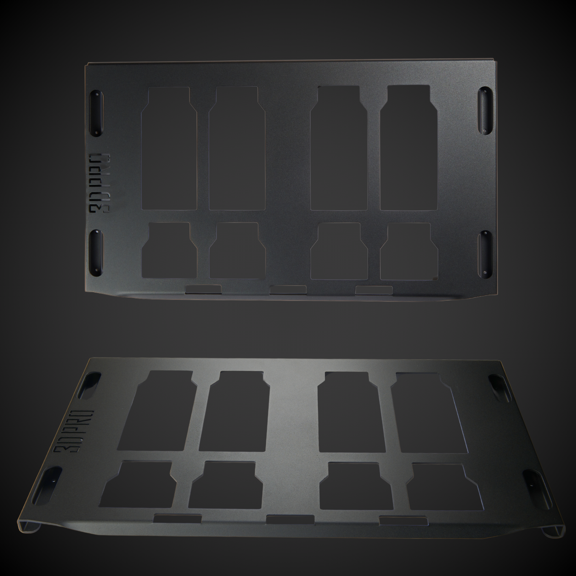 Two Full Width Shelf (Pack A Shelf) with cut-out sections on a dark background