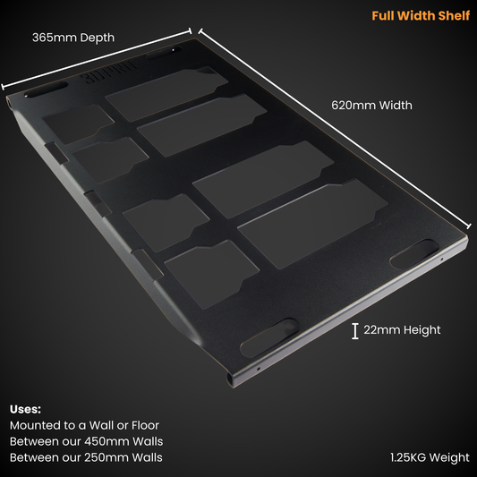 Full Width Shelf (Pack A Shelf) with measurements and uses on a dark background
