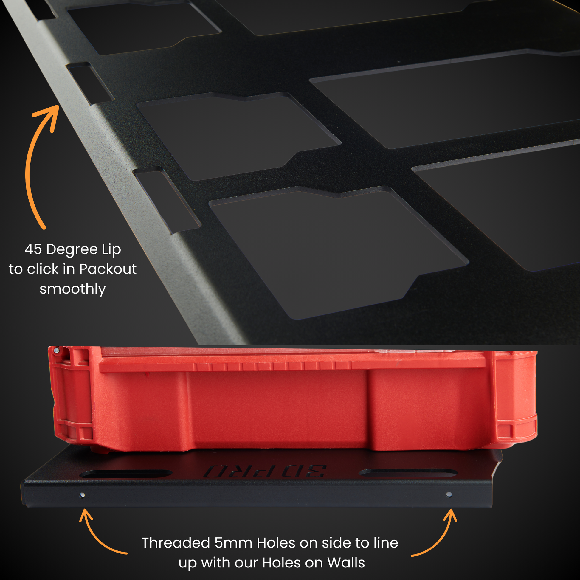 Red storage bin with Full Width Shelf (Pack A Shelf) on a dark background, highlighting features like a 45-degree lip and threaded holes.