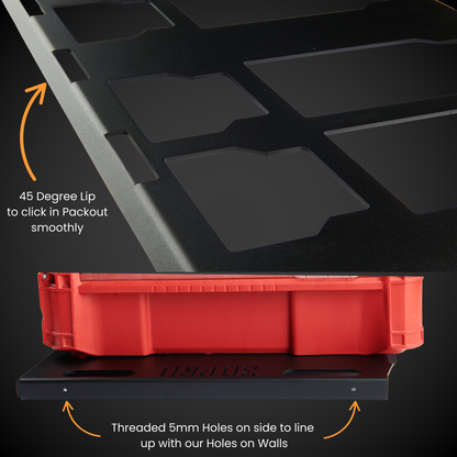 Red storage bin with Full Width Shelf (Pack A Shelf) on a dark background, highlighting features like a 45-degree lip and threaded holes.