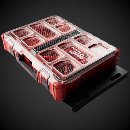 Red Milwaukee Packout with multiple compartments on a Full Width Shelf (Pack A Shelf)