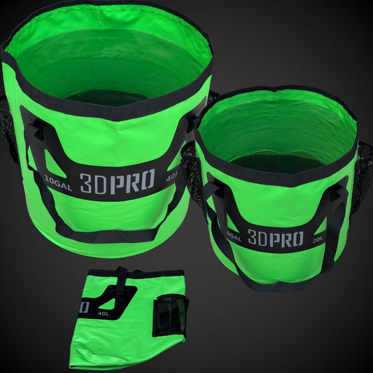 Two green 3DPro buckets with a smaller green bag on a dark background