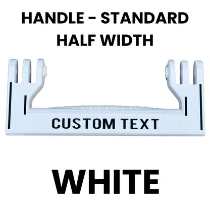 White standard half width handle template with text space and specifications on a white background