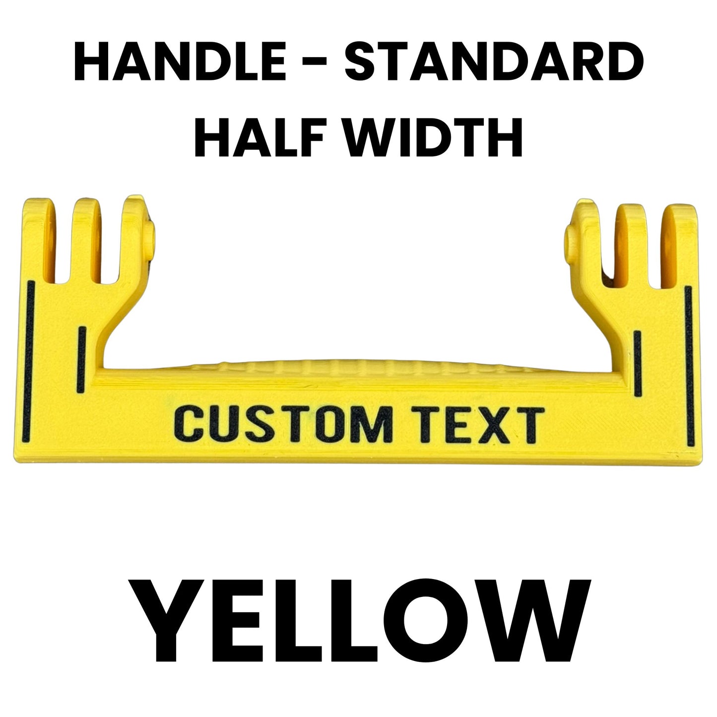 Yellow standard half width handle template with text space and specifications on a white background