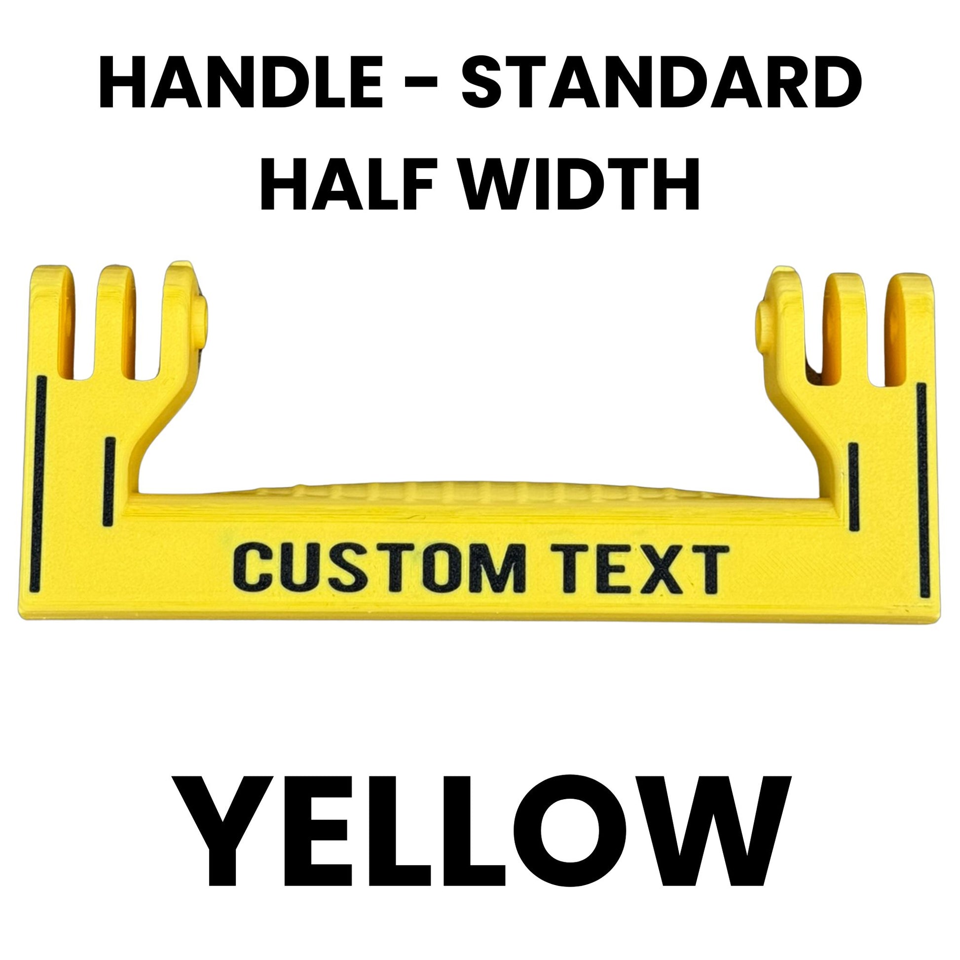 Yellow standard half width handle template with text space and specifications on a white background