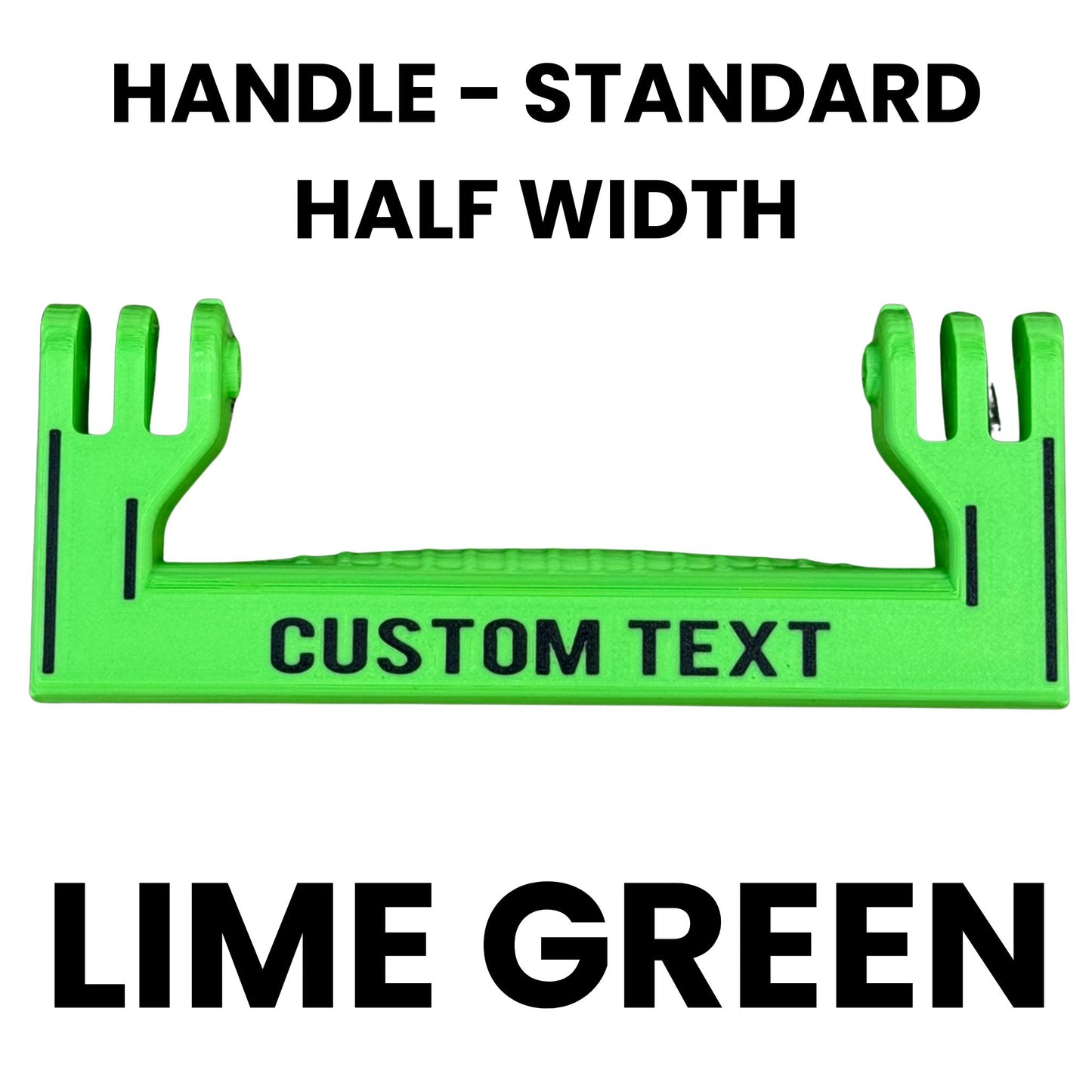 Green standard half width handle template with text space and specifications on a white background