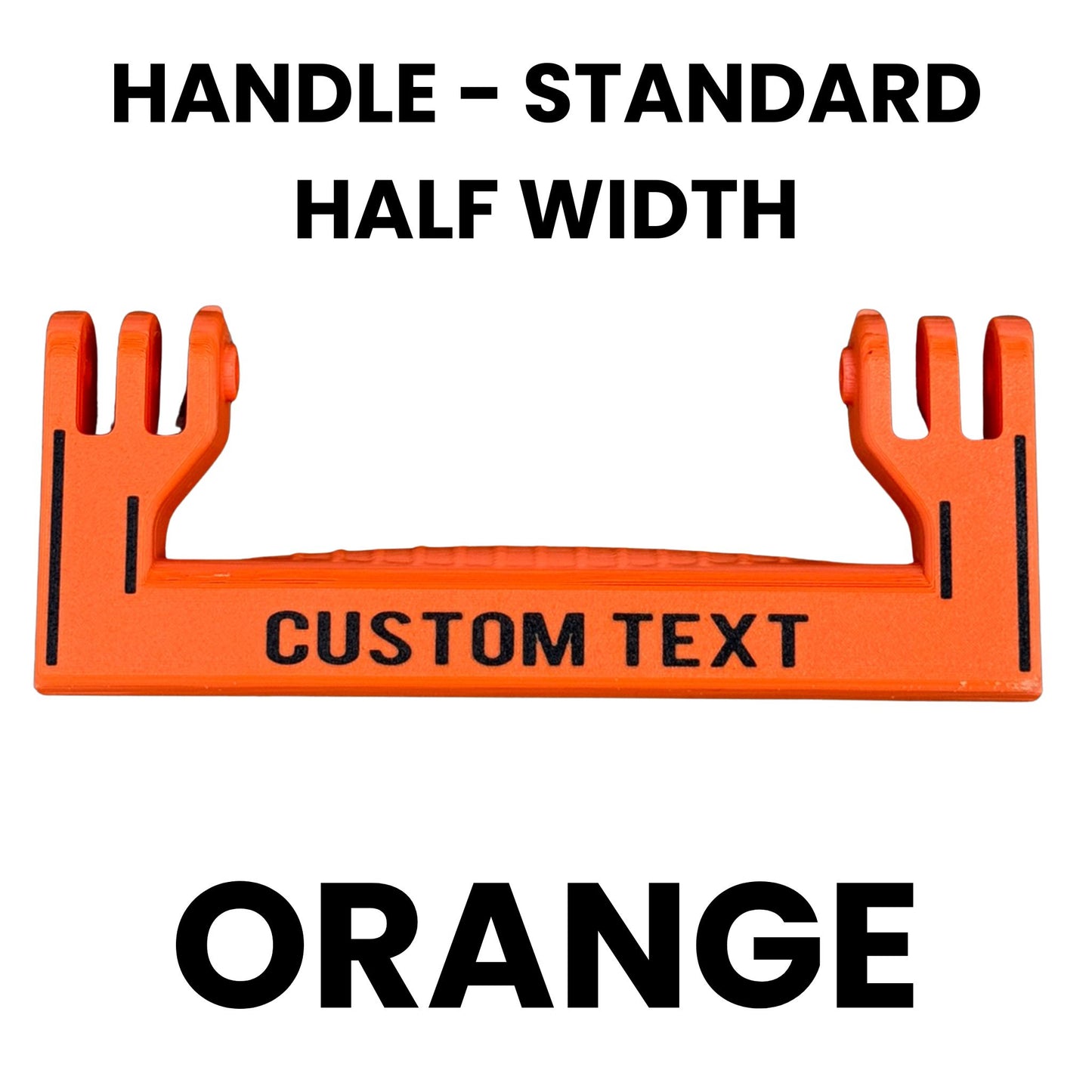 Orange standard half width handle template with text space and specifications on a white background