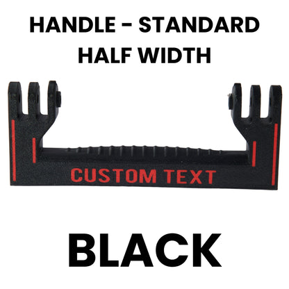 Black standard half width handle template with text space and specifications on a white background
