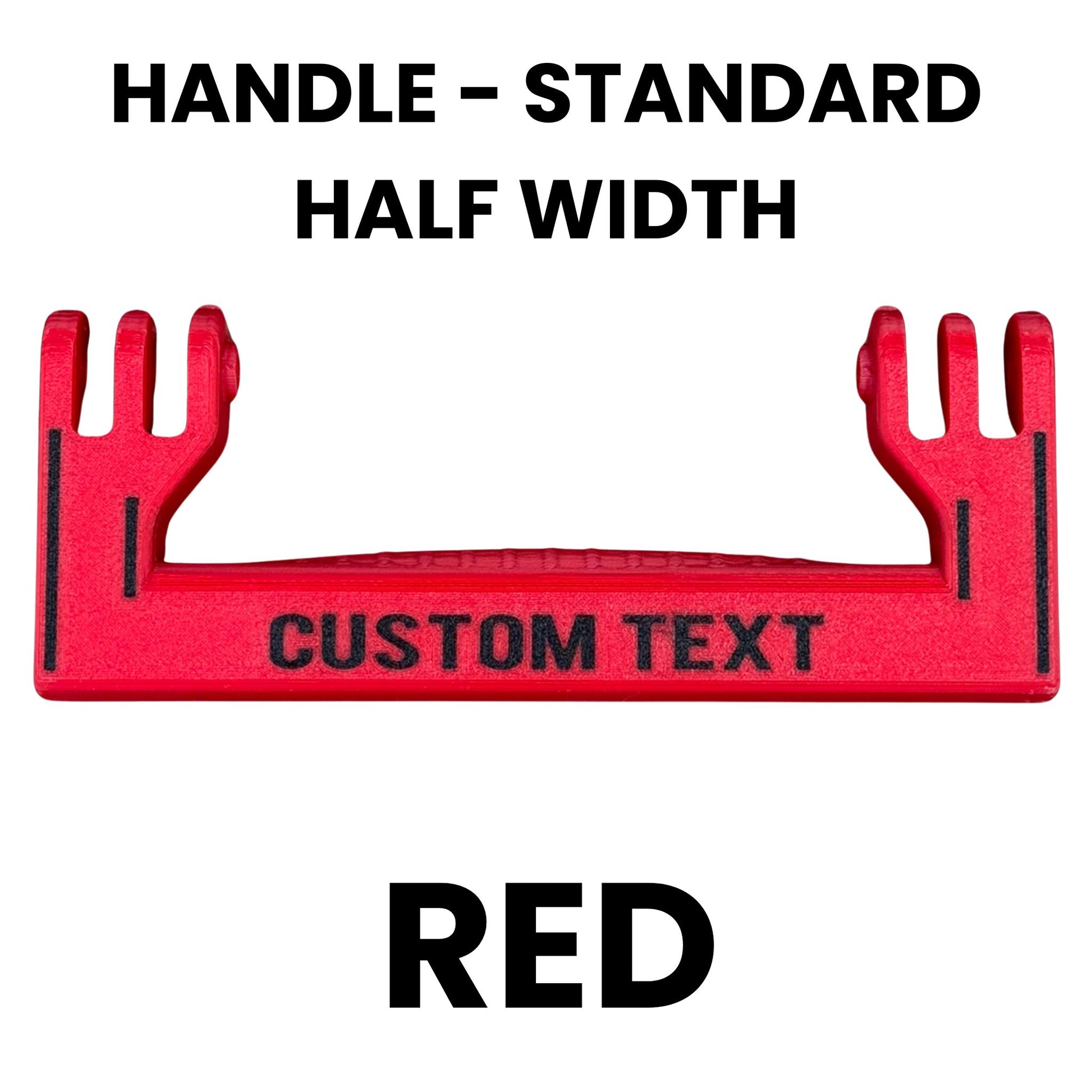 Red standard half width handle template with text space and specifications on a white background