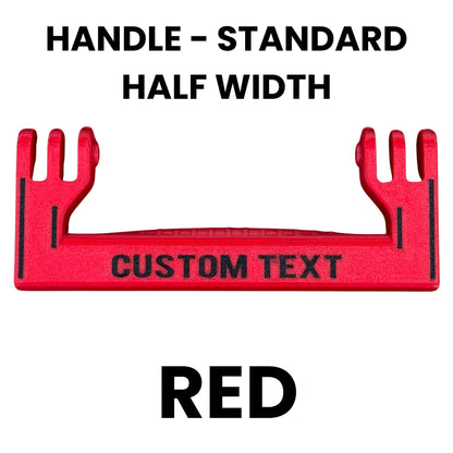 Red standard half width handle template with text space and specifications on a white background