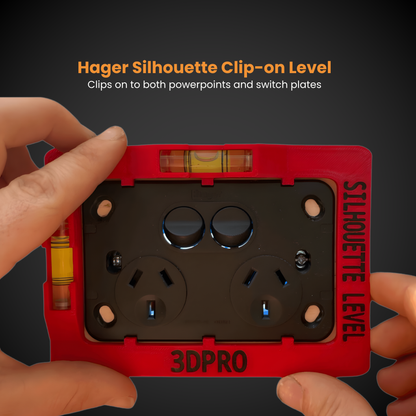 Red Hager Silhouette Clip-on Level being held by a person with text on a dark background