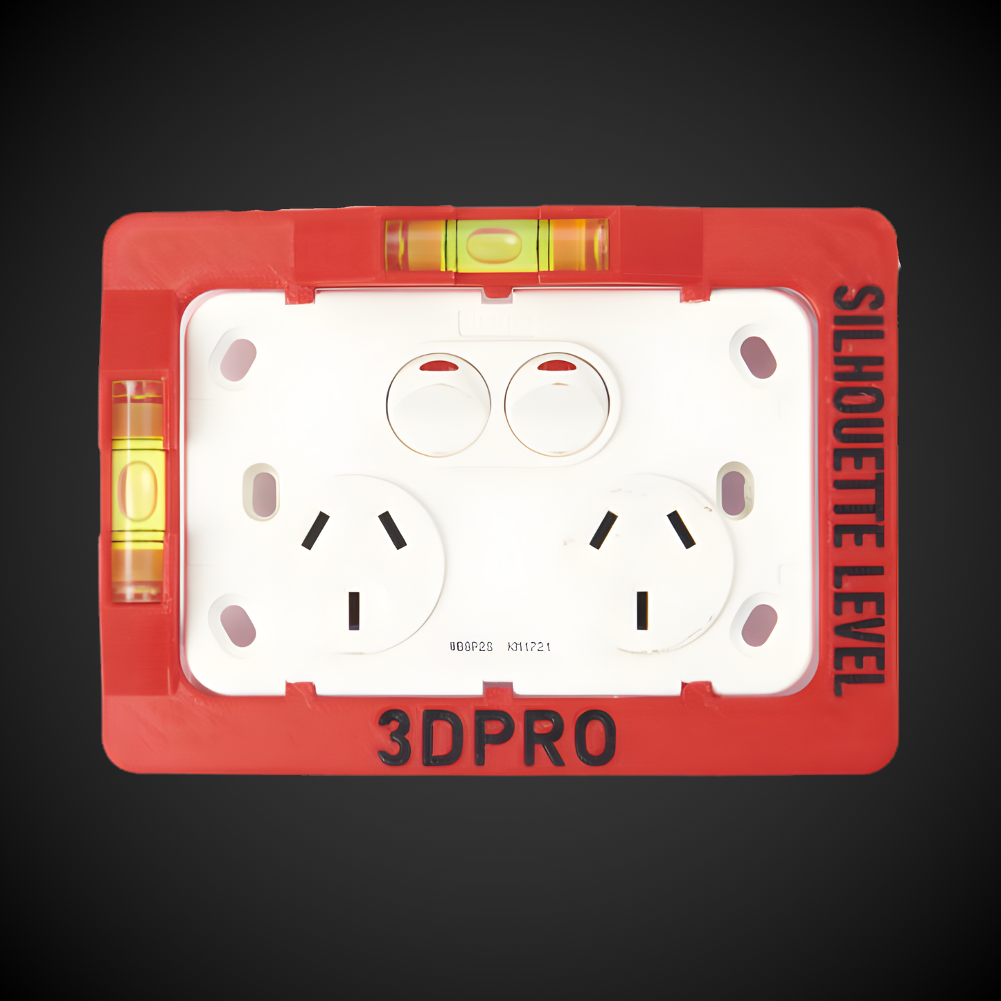 Electrical outlet with red protective cover and level bubble, featuring '3DPRO' branding.