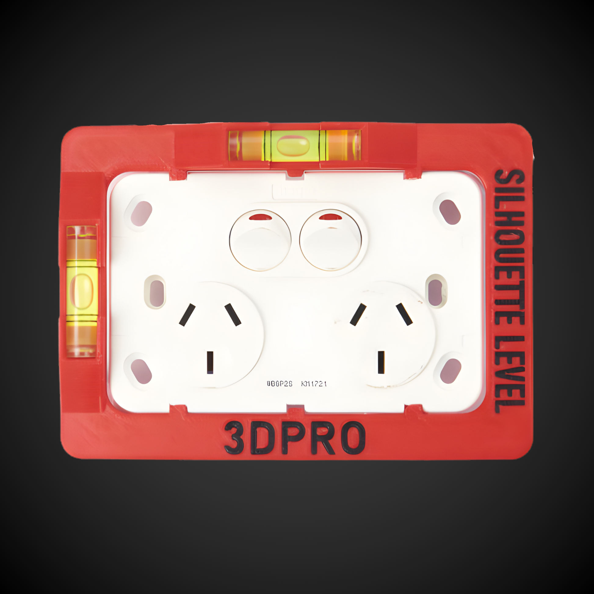 Electrical outlet with red protective cover and level bubble, featuring '3DPRO' branding.