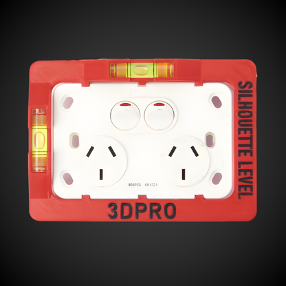 Electrical outlet with red protective cover and level bubble, featuring '3DPRO' branding.