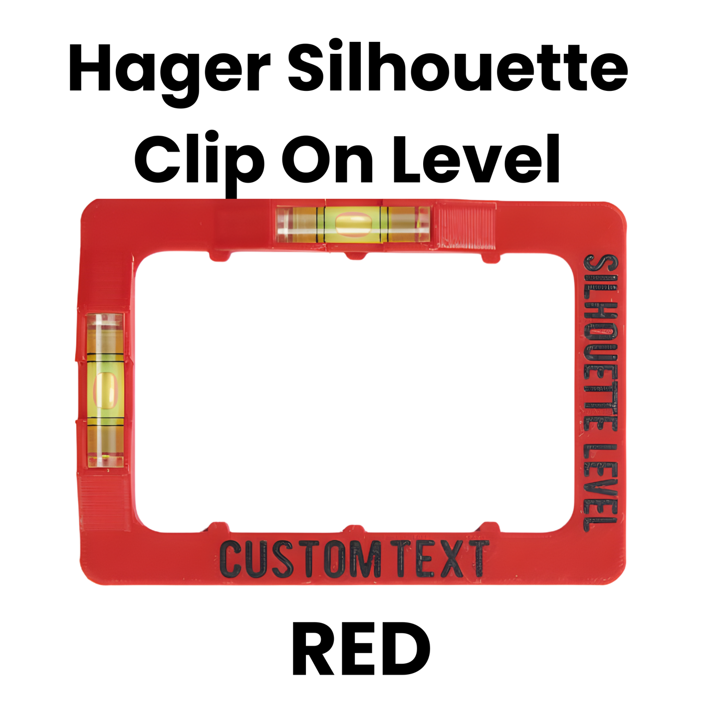 Red Hager Silhouette Clip On Level with customizable text on a white background