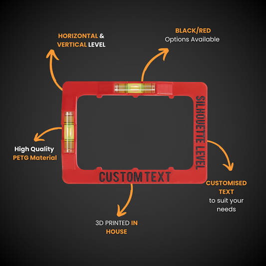 Hager Silhouette Clip On Level key features such as options, customized text, PETG material, horizontal& vertical level, and lastly 3d printed inhouse.