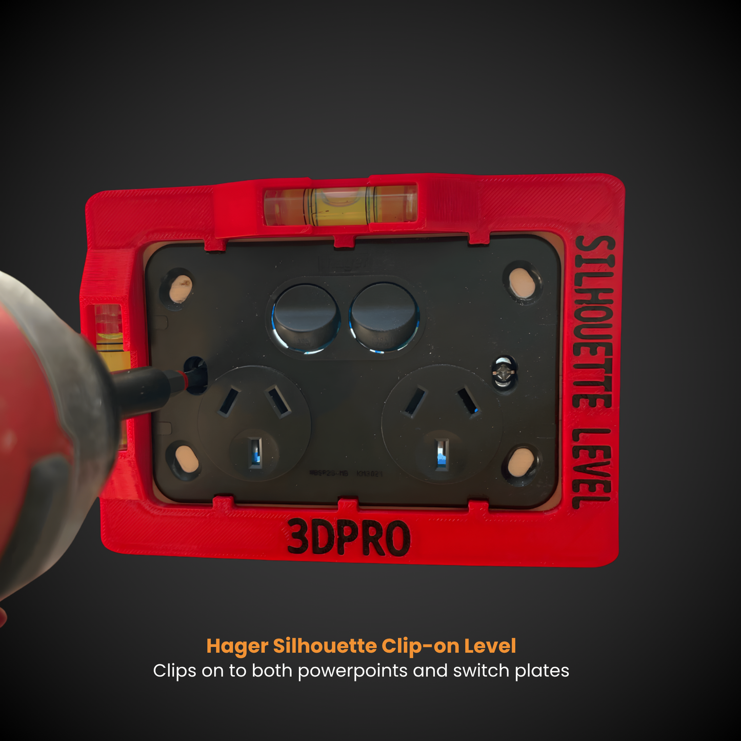 Hager Silhouette Clip-on Level with 3DPro branding on a dark background