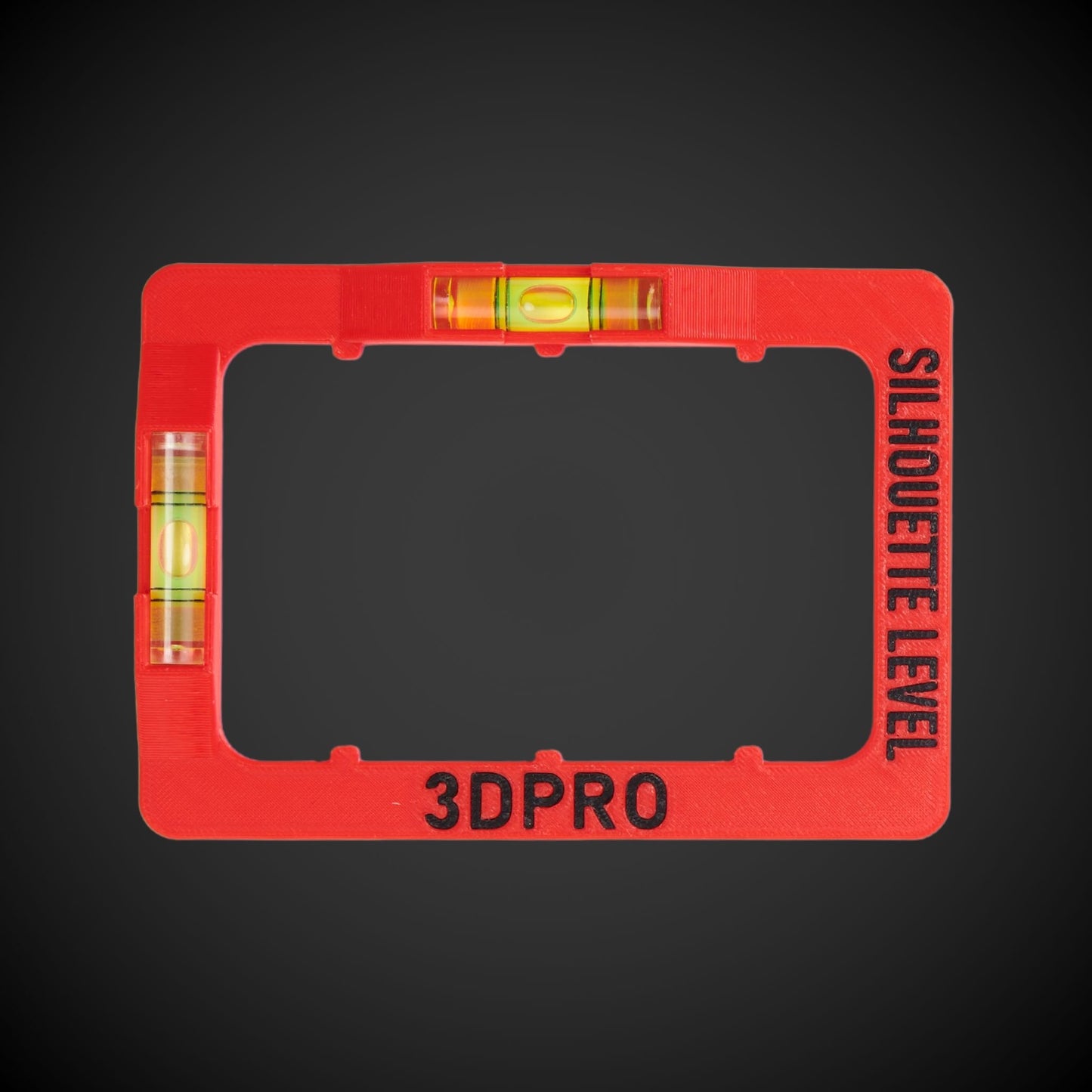 A red and black Hager Silhouette clip-on level with vertical and horizontal spirit levels, and the text '3DPRO' on the front.