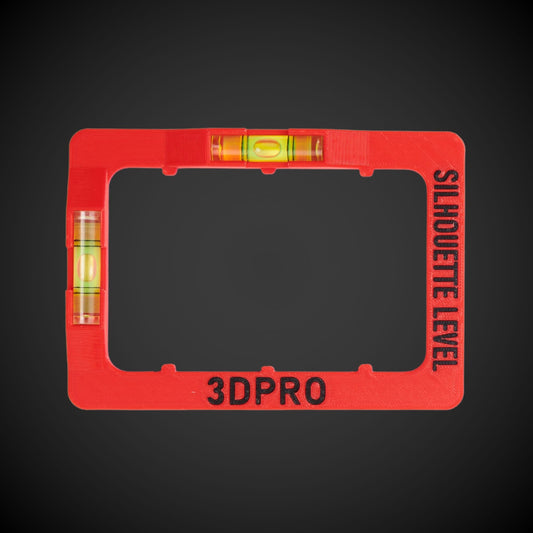 A red and black Hager Silhouette clip-on level with vertical and horizontal spirit levels, and the text '3DPRO' on the front.
