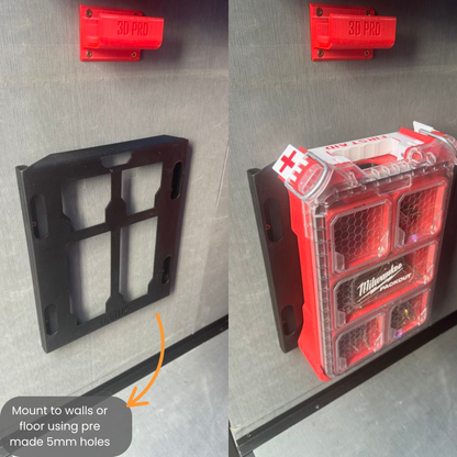 Black Half Width Shelf (Pack A Shelf) with mounting instructions on a gray surface