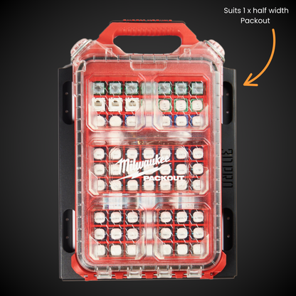 Milwaukee drill bit set in a clear plastic case on a black background