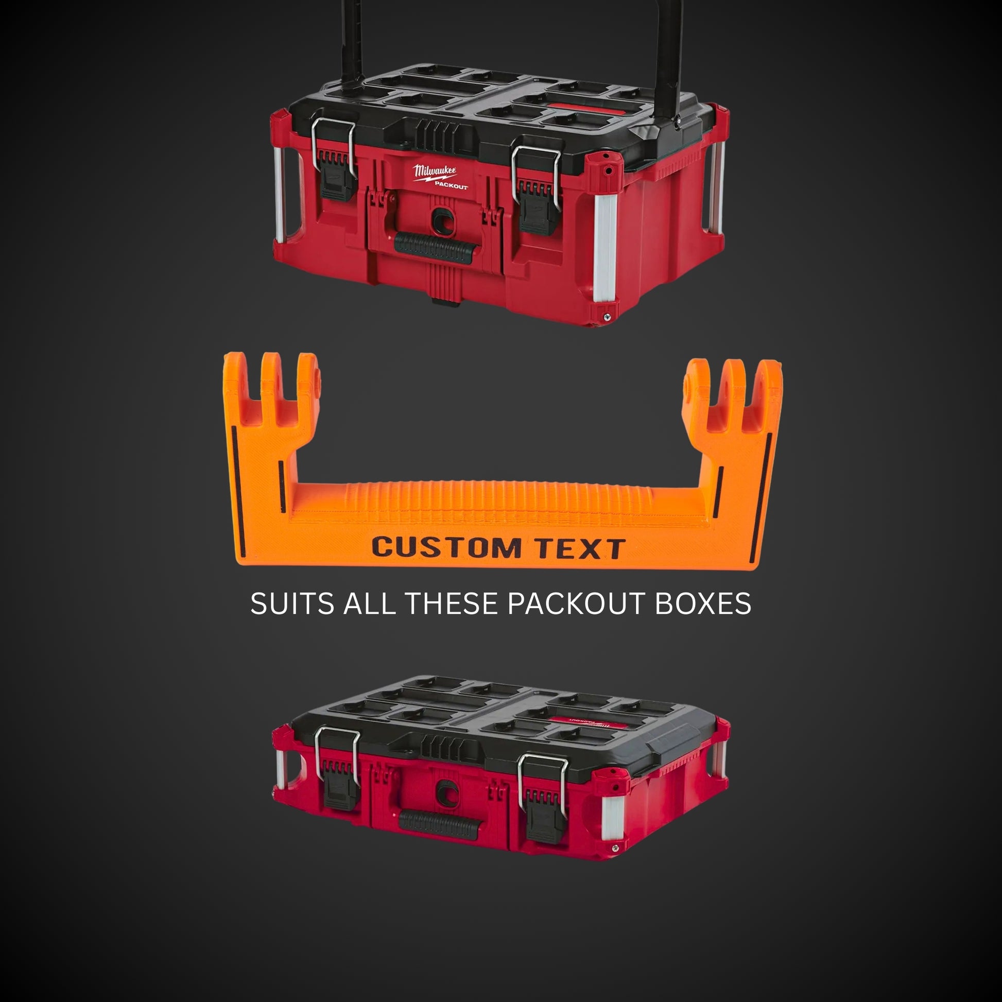 Red tool box with an orange custom text holder on a dark background