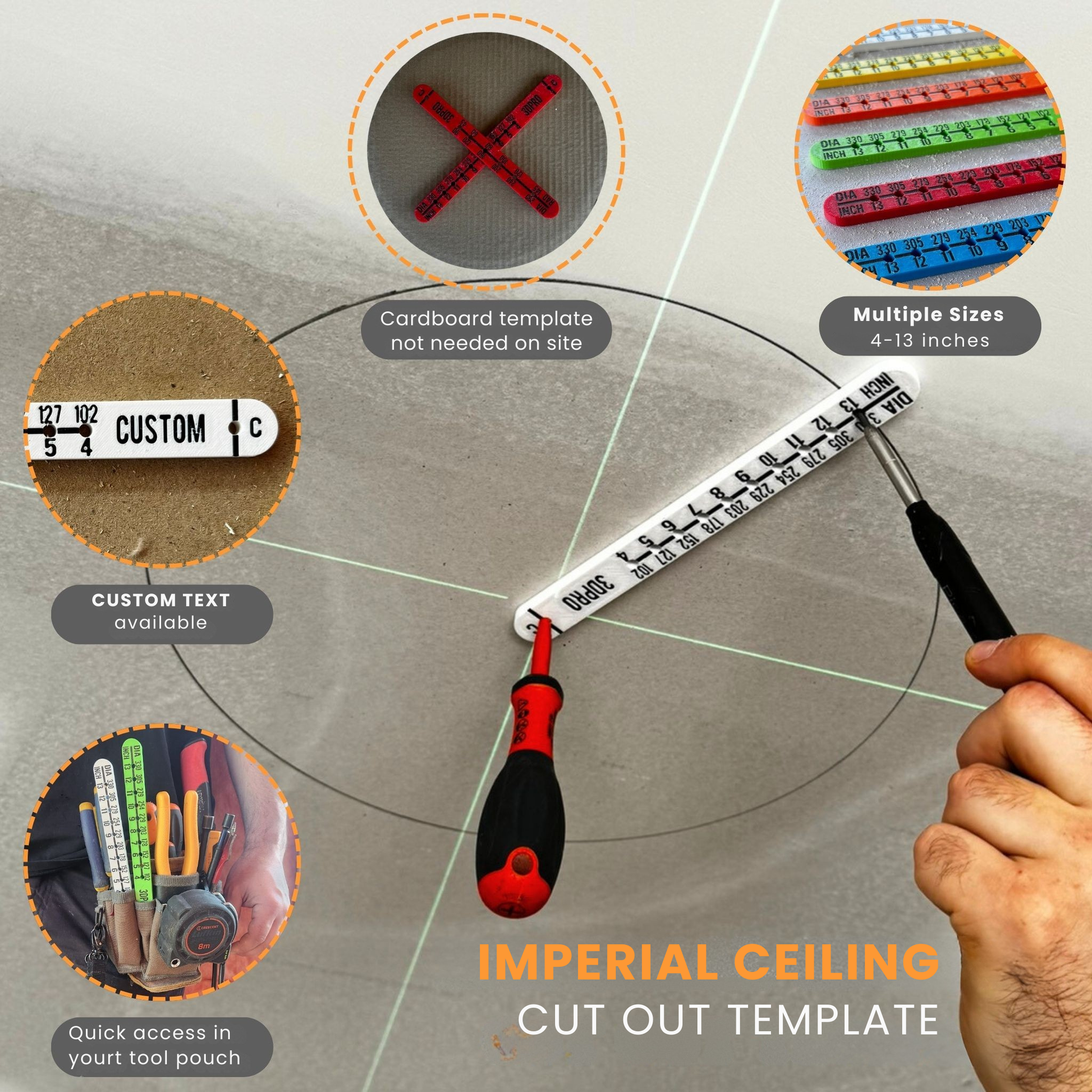 Ceiling cut-out template with screwdriver on a gray background