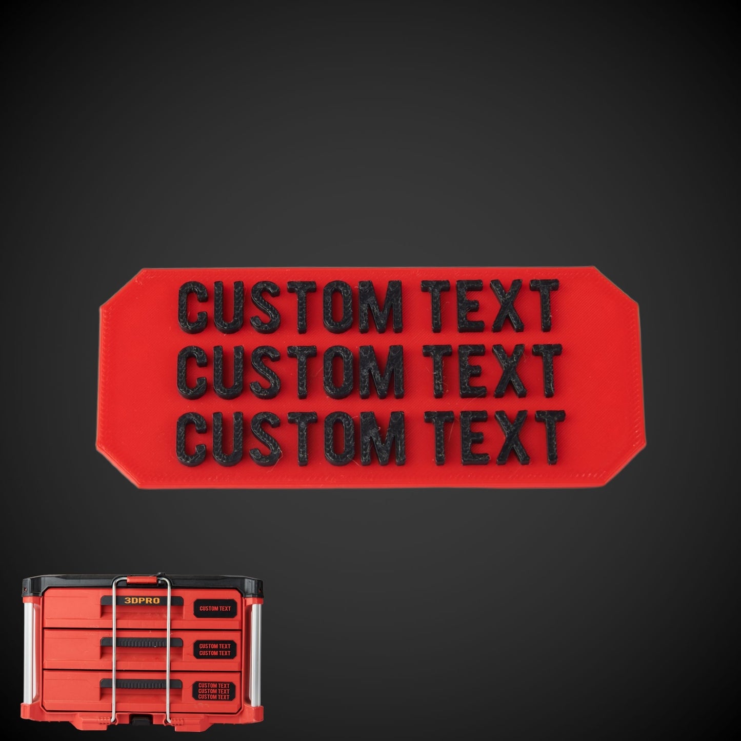 Custom text label in red on a red background, designed for use with Milwaukee Packout tool boxes.
