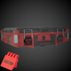 A custom red latch for a Milwaukee Packout rolling box with the text 'CUSTOM TEXT' displayed on the side, against a black background.