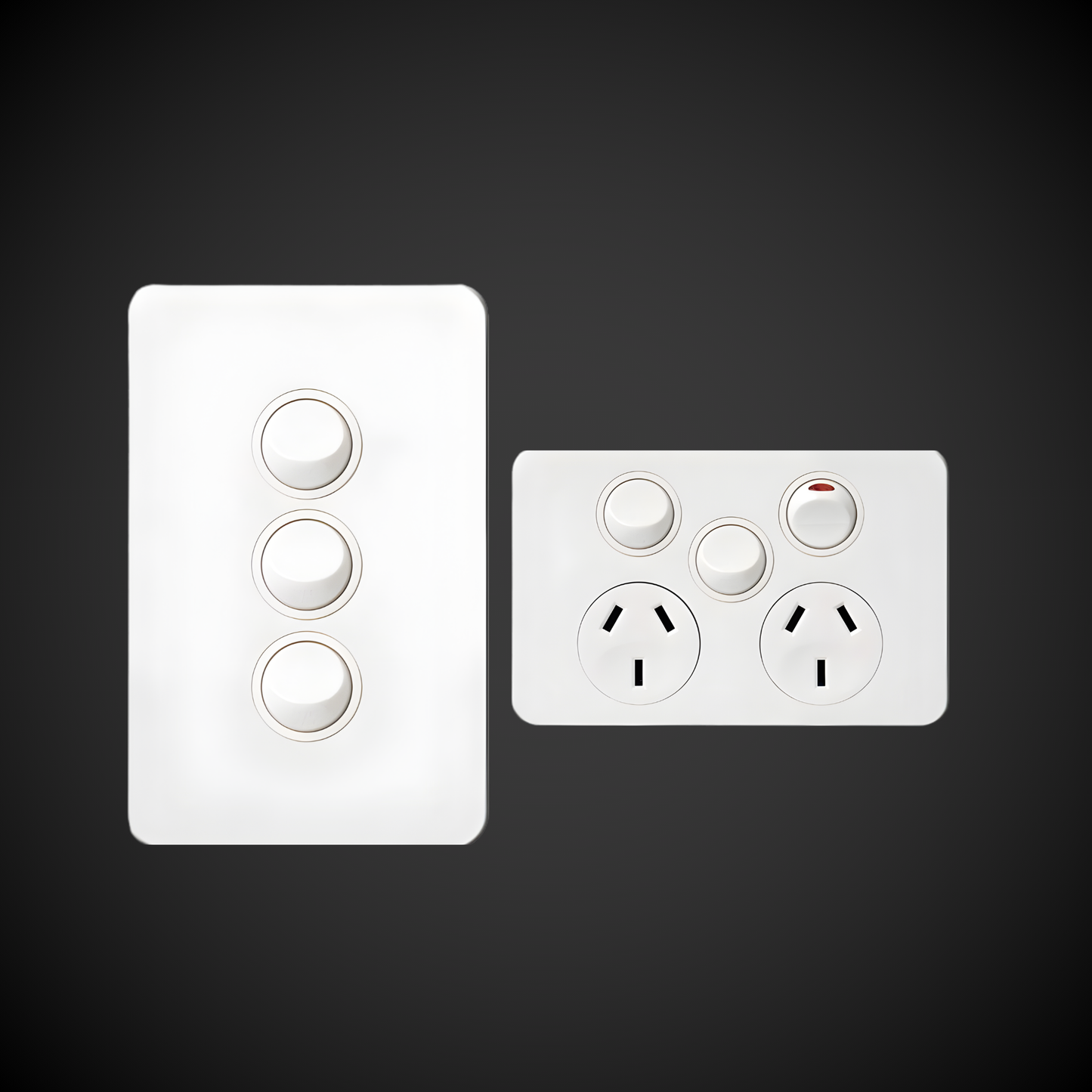 Two white light switches on a black background